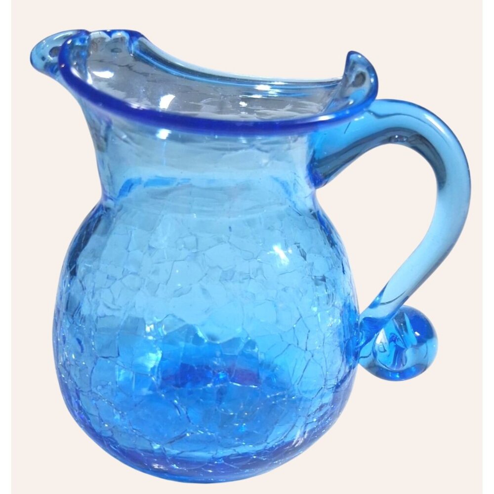 Vintage Handcrafted Blue Crackle Glass Pitcher With Handle Decorative Miniature